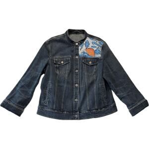 Upcycled Cotton Denim Jacket Women's Size XL Medium Wash Blue Art To Wear Sunset